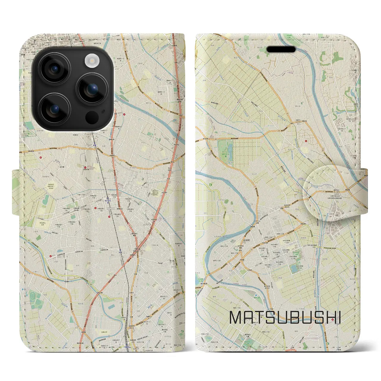 【松伏(埼玉県)】地図柄iPhoneケース(手帳タイプ)ナチュラル・iPhone 16 用