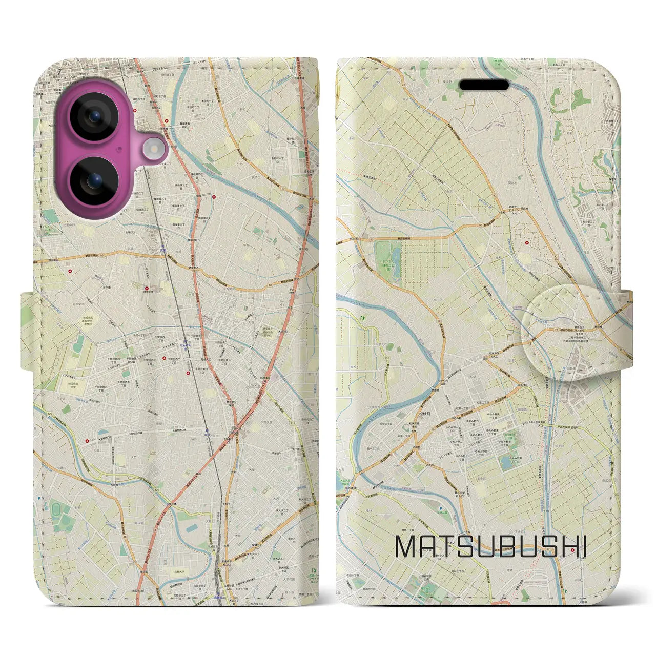 【松伏(埼玉県)】地図柄iPhoneケース(手帳タイプ)ナチュラル・iPhone 16 Pro 用