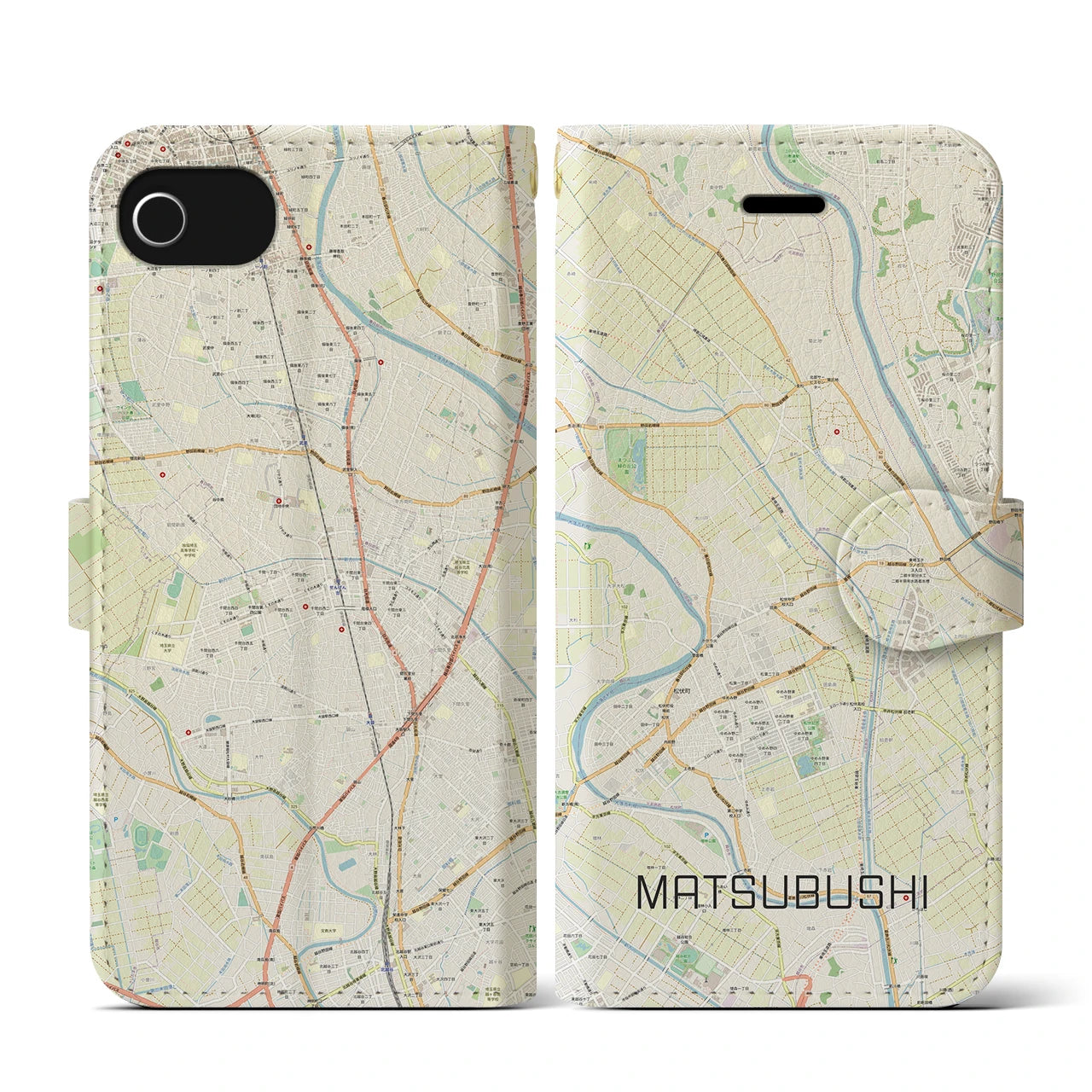 【松伏(埼玉県)】地図柄iPhoneケース(手帳タイプ)ナチュラル・iPhone SE(第3 / 第2世代) / 8 / 7 / 6s / 6 用