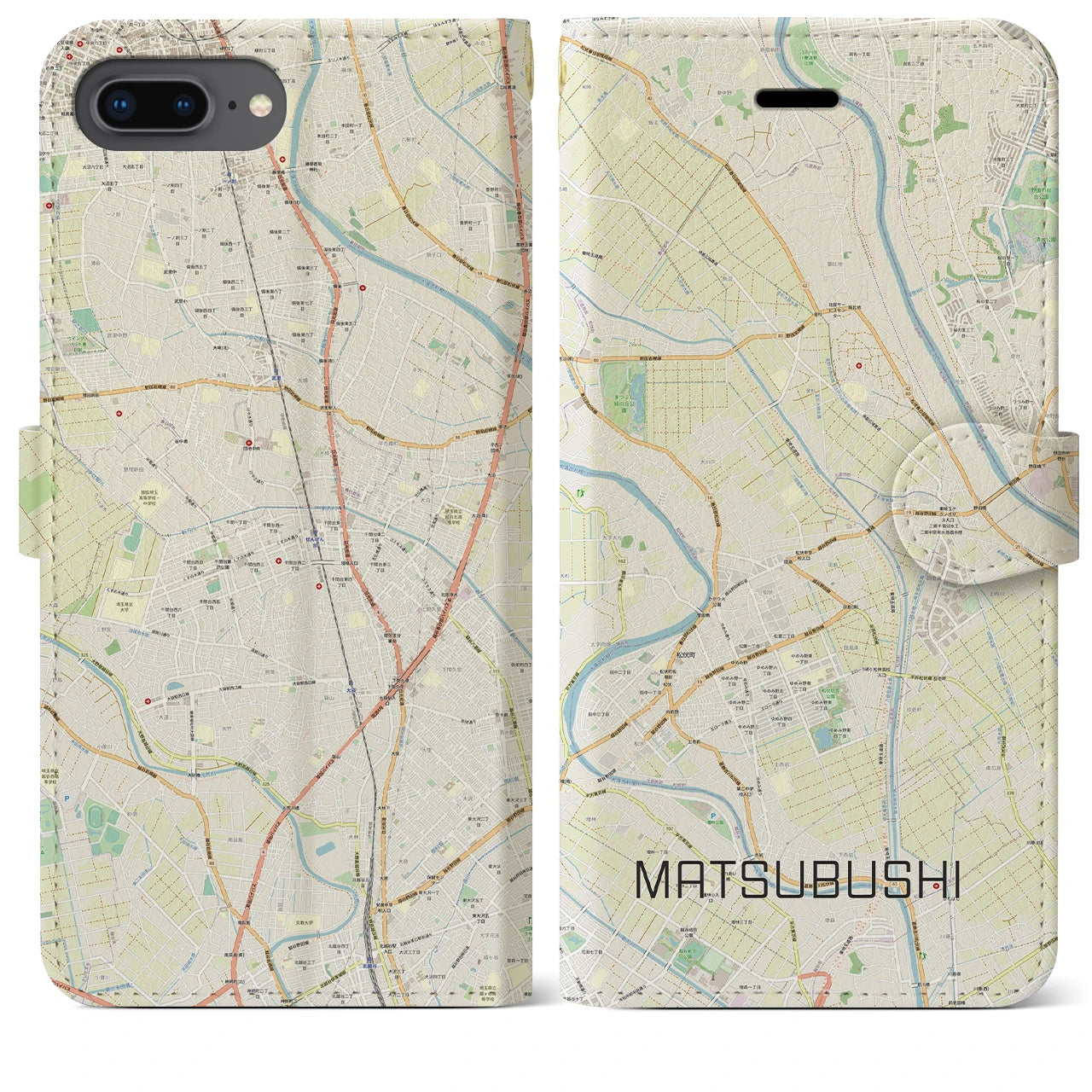【松伏(埼玉県)】地図柄iPhoneケース(手帳タイプ)ナチュラル・iPhone 8Plus /7Plus / 6sPlus / 6Plus 用