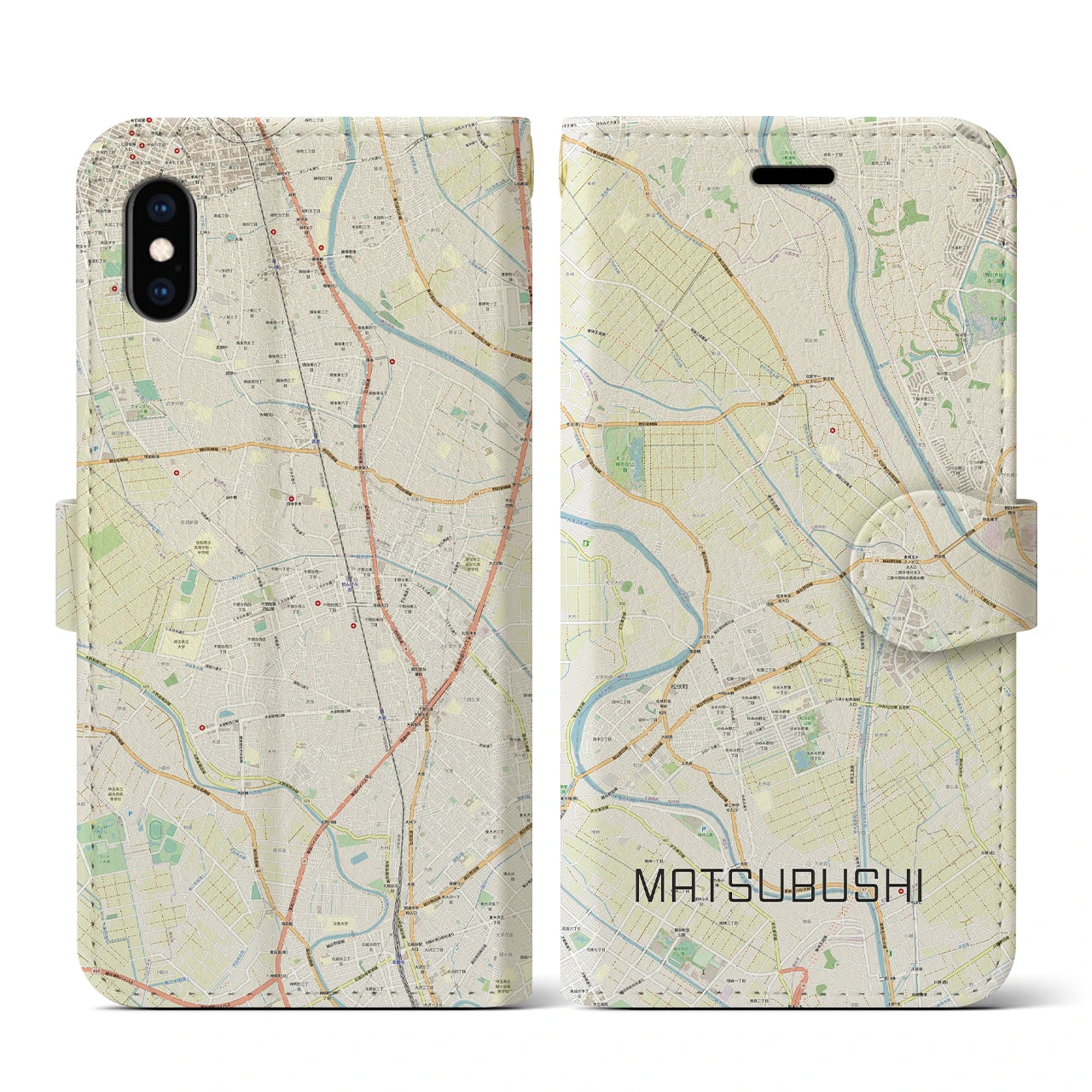 【松伏(埼玉県)】地図柄iPhoneケース(手帳タイプ)ナチュラル・iPhone XS / X 用
