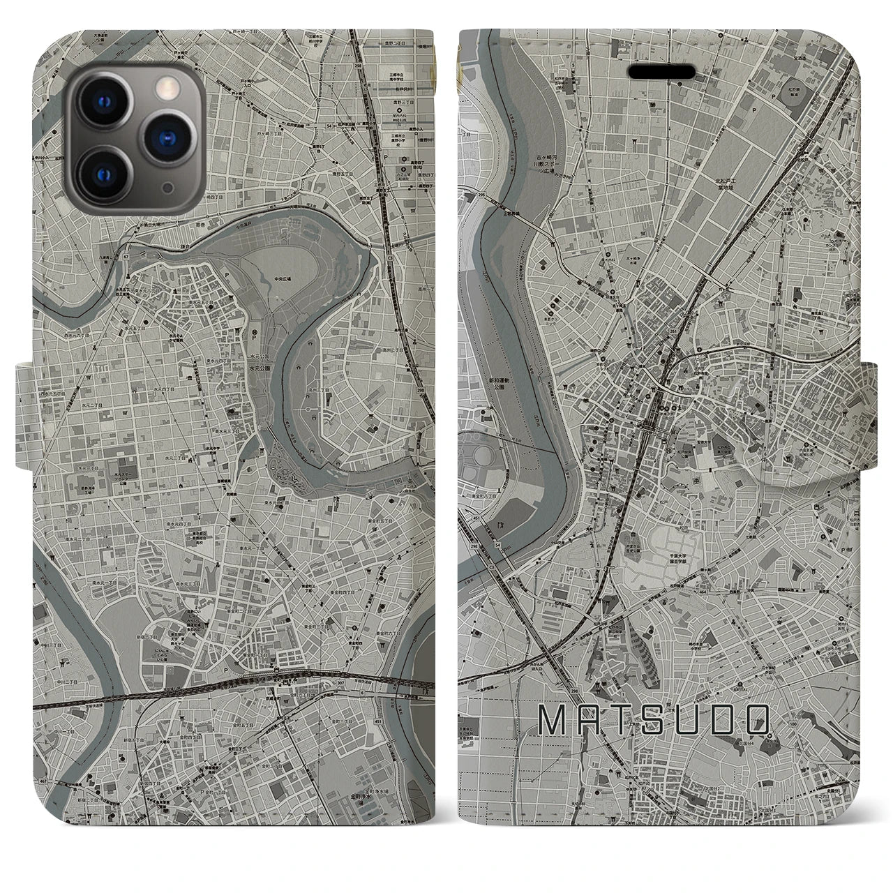 【松戸(千葉県)】地図柄iPhoneケース(手帳タイプ)モノトーン・iPhone 11 Pro Max 用