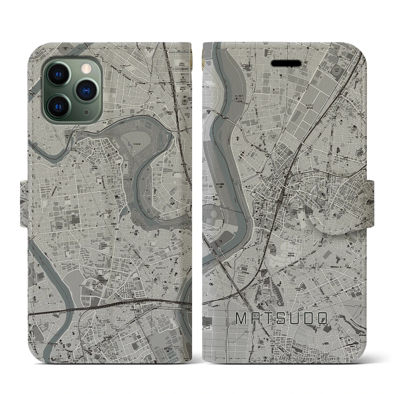【松戸(千葉県)】地図柄iPhoneケース(手帳タイプ)モノトーン・iPhone 11 Pro 用