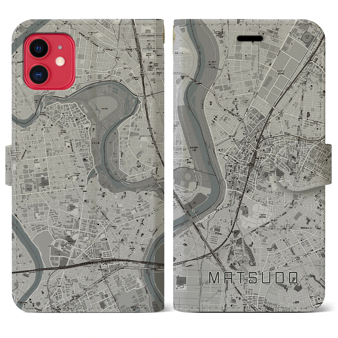 【松戸(千葉県)】地図柄iPhoneケース(手帳タイプ)モノトーン・iPhone 11 用