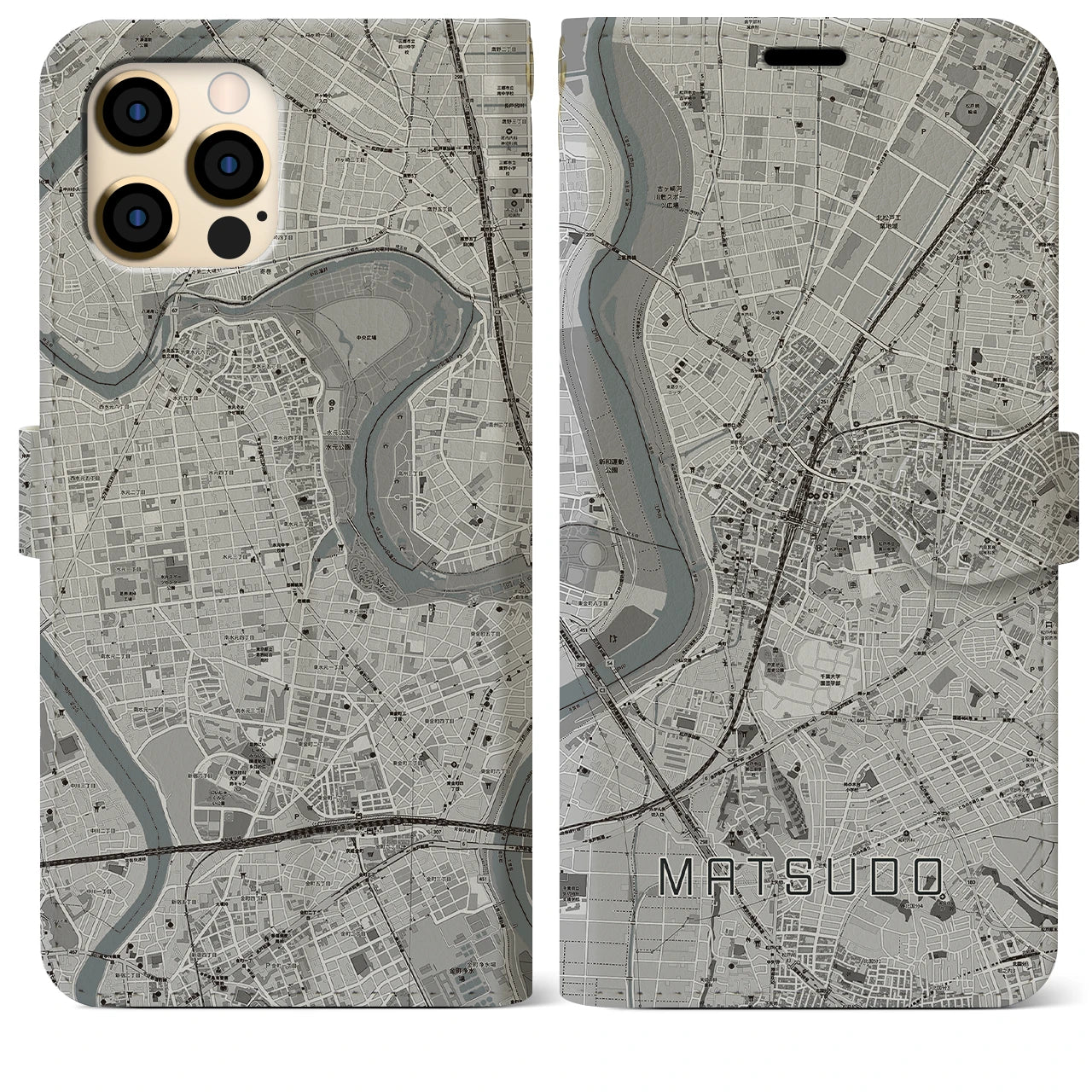 【松戸(千葉県)】地図柄iPhoneケース(手帳タイプ)モノトーン・iPhone 12 Pro Max 用