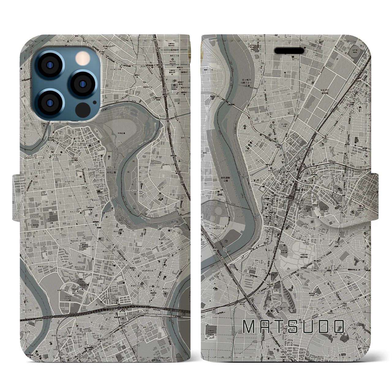 【松戸(千葉県)】地図柄iPhoneケース(手帳タイプ)モノトーン・iPhone 12 / 12 Pro 用