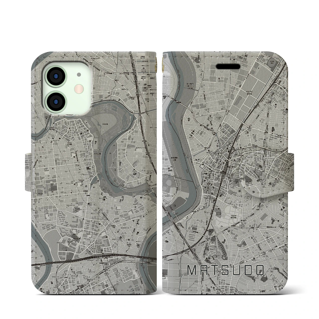 【松戸(千葉県)】地図柄iPhoneケース(手帳タイプ)モノトーン・iPhone 12 mini 用