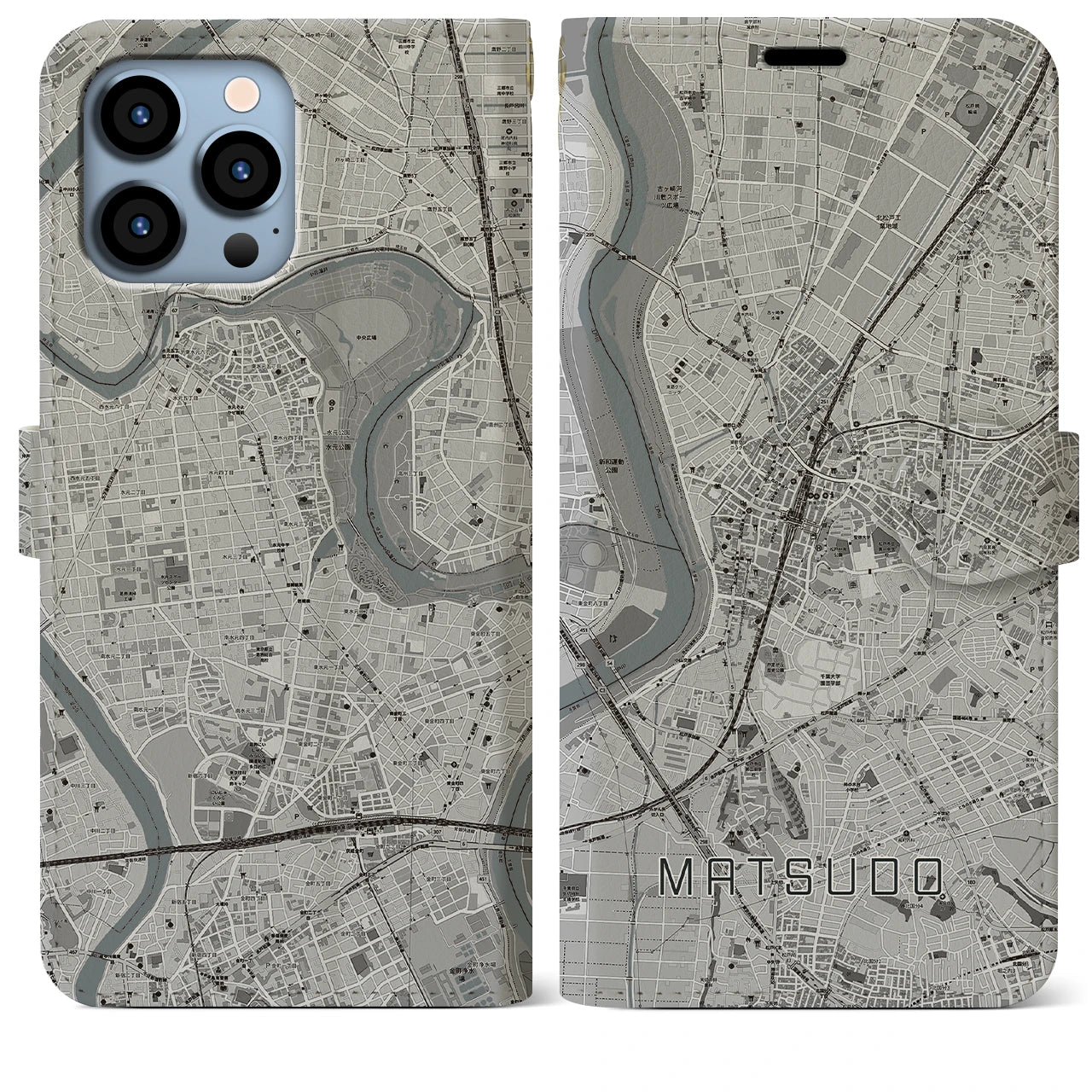 【松戸(千葉県)】地図柄iPhoneケース(手帳タイプ)モノトーン・iPhone 13 Pro Max 用