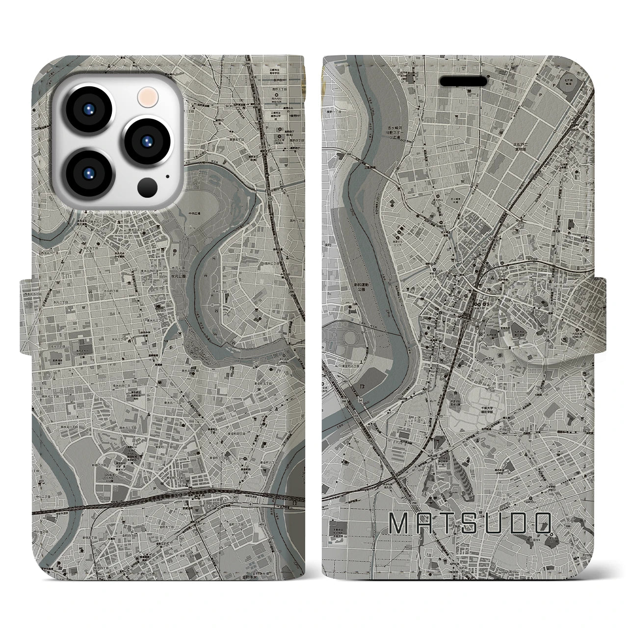 【松戸(千葉県)】地図柄iPhoneケース(手帳タイプ)モノトーン・iPhone 13 Pro 用