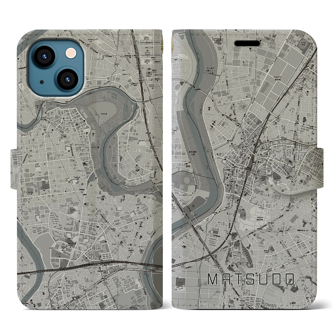 【松戸(千葉県)】地図柄iPhoneケース(手帳タイプ)モノトーン・iPhone 13 用
