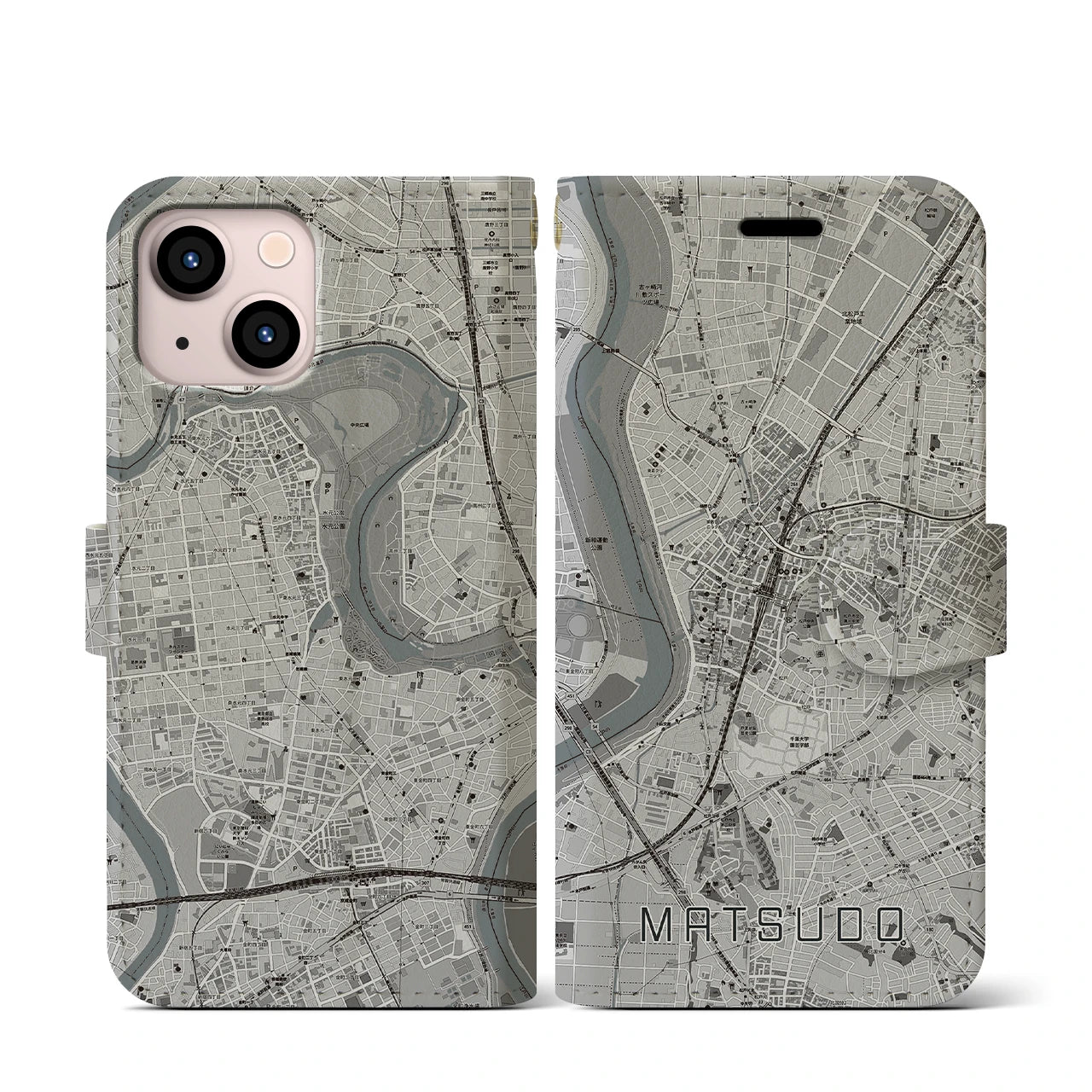 【松戸(千葉県)】地図柄iPhoneケース(手帳タイプ)モノトーン・iPhone 13 mini 用