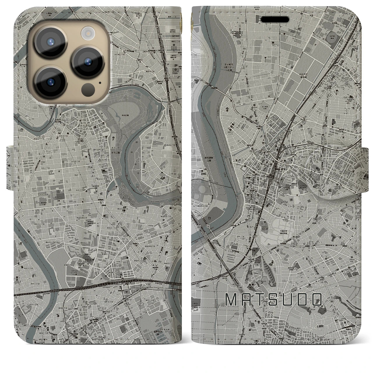 【松戸(千葉県)】地図柄iPhoneケース(手帳タイプ)モノトーン・iPhone 14 Pro Max 用