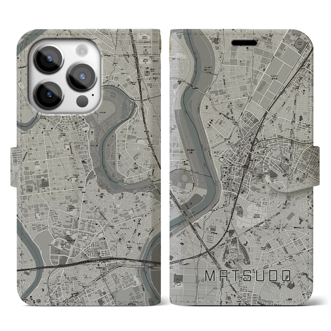 【松戸(千葉県)】地図柄iPhoneケース(手帳タイプ)モノトーン・iPhone 14 Pro 用
