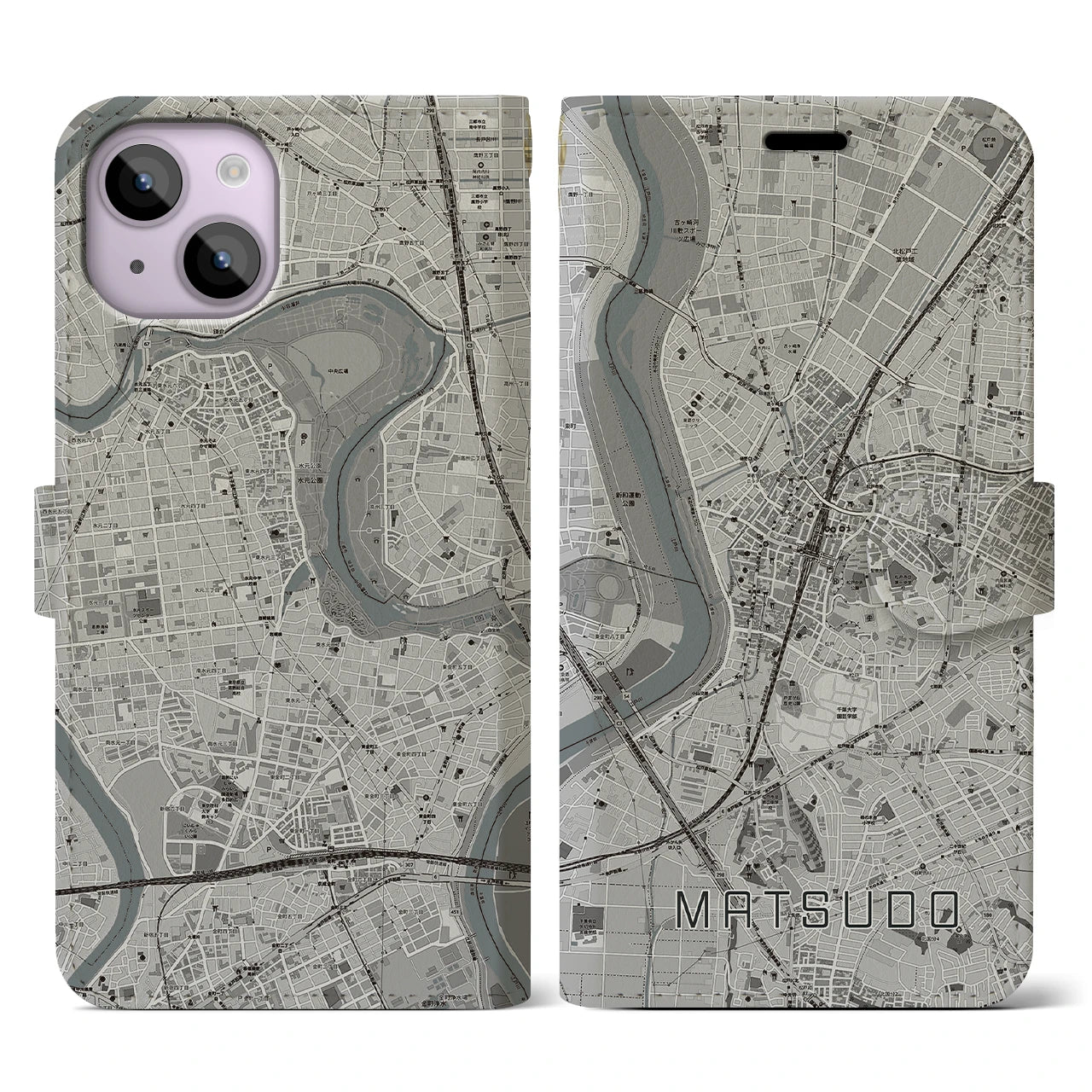 【松戸(千葉県)】地図柄iPhoneケース(手帳タイプ)モノトーン・iPhone 14 用