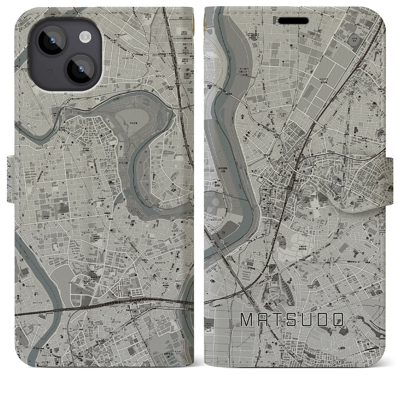 【松戸(千葉県)】地図柄iPhoneケース(手帳タイプ)モノトーン・iPhone 14 Plus 用