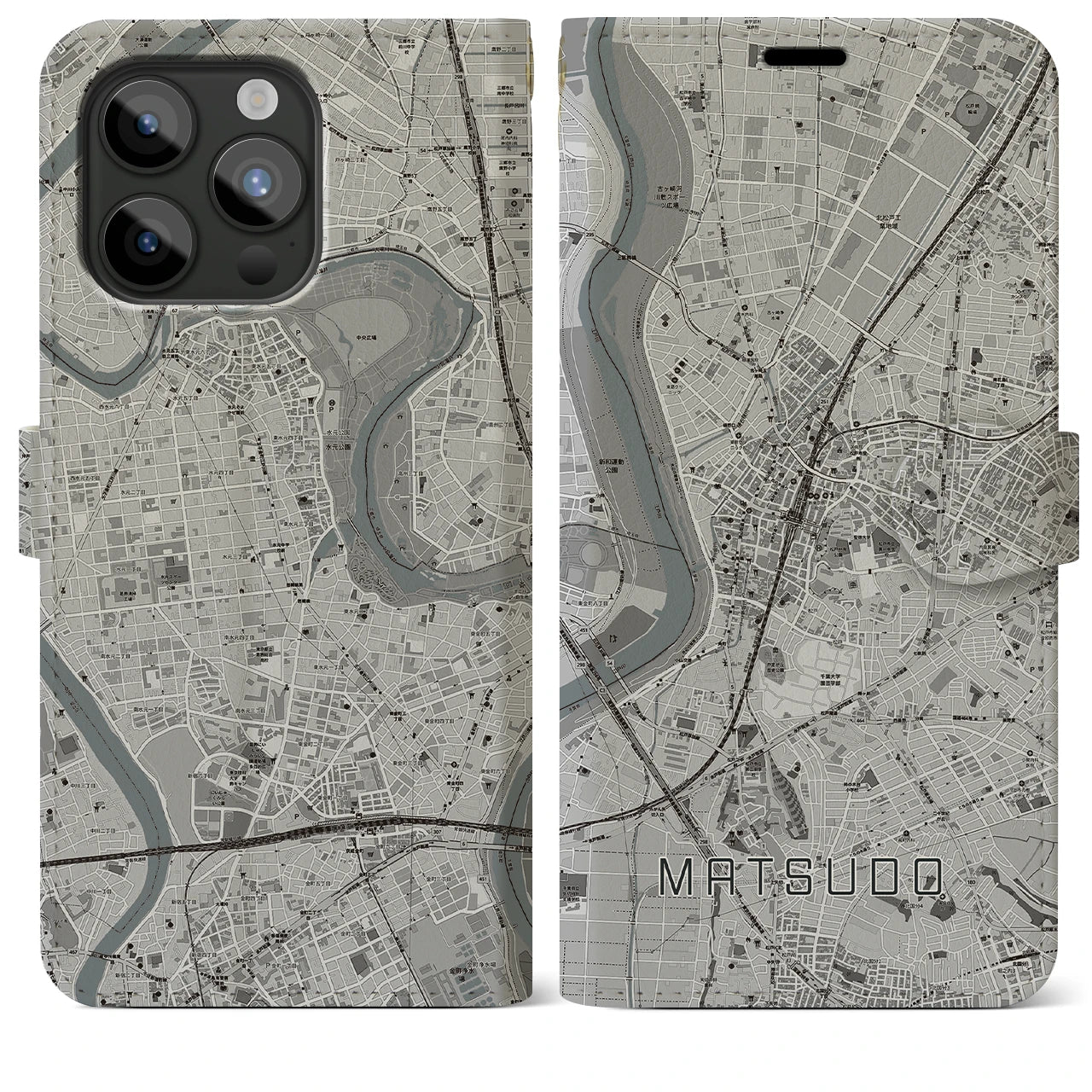 【松戸(千葉県)】地図柄iPhoneケース(手帳タイプ)モノトーン・iPhone 15 Pro Max 用