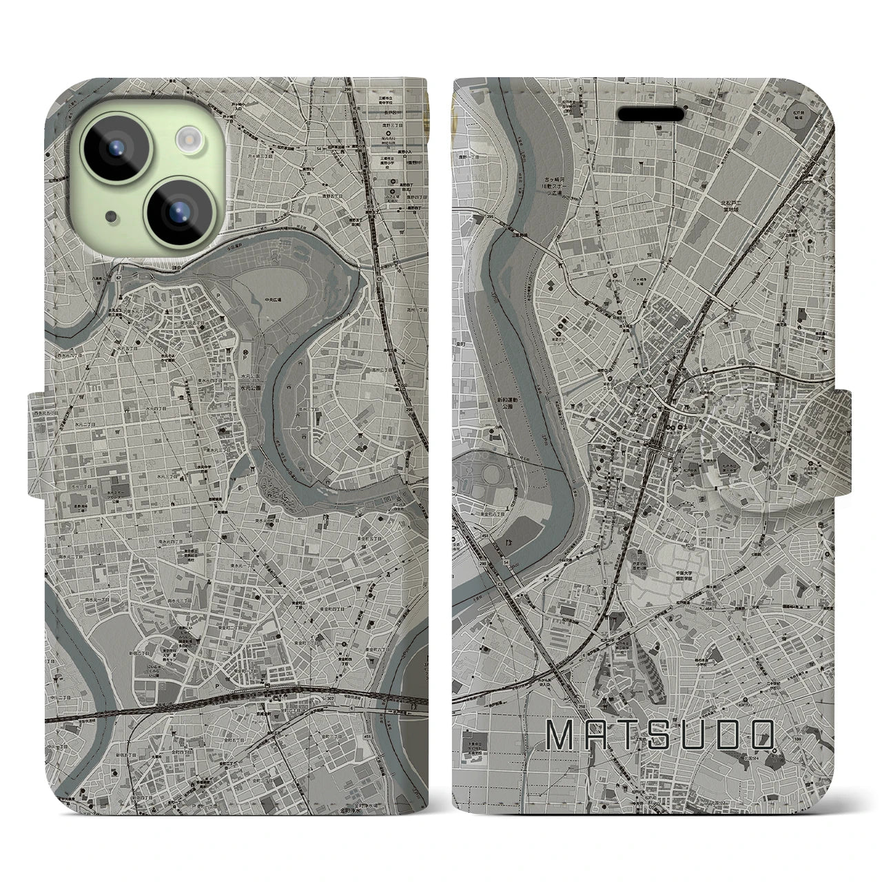 【松戸(千葉県)】地図柄iPhoneケース(手帳タイプ)モノトーン・iPhone 15 用