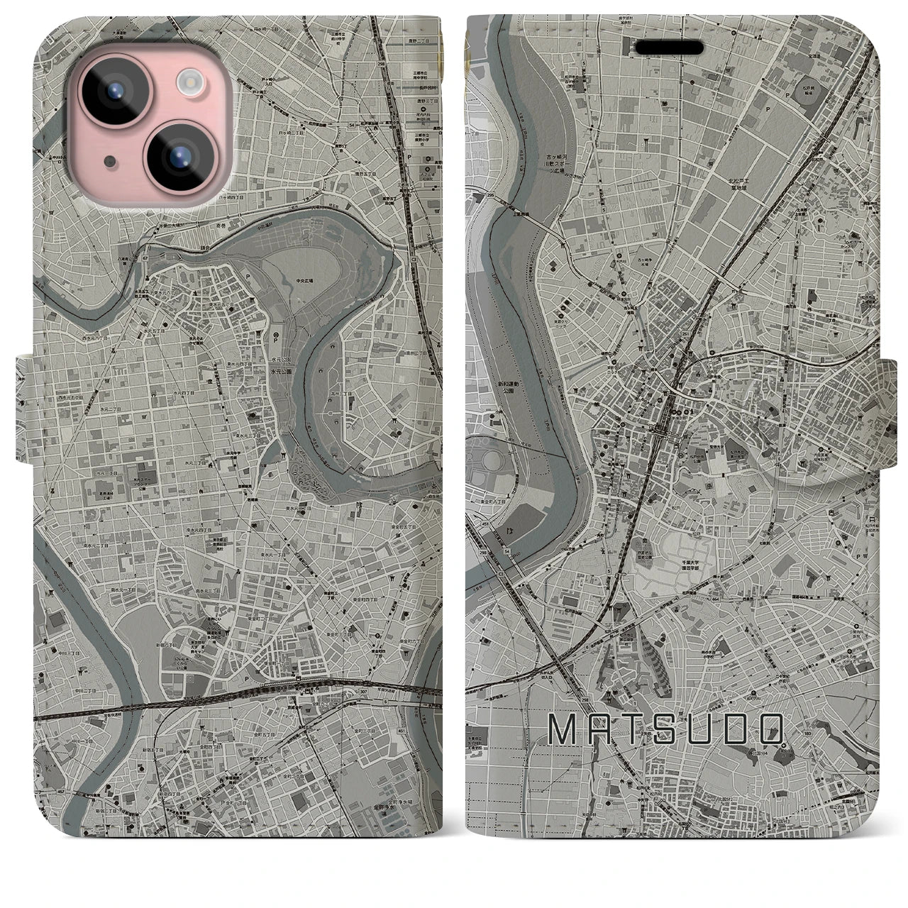 【松戸(千葉県)】地図柄iPhoneケース(手帳タイプ)モノトーン・iPhone 15 Plus 用
