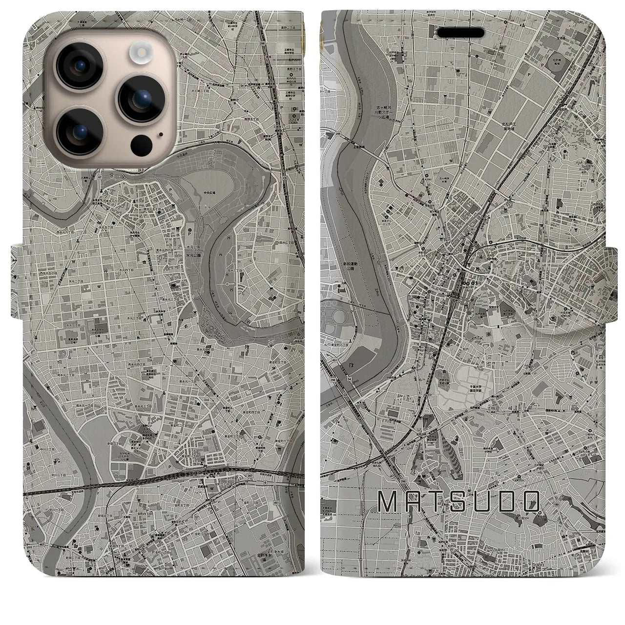 【松戸(千葉県)】地図柄iPhoneケース(手帳タイプ)モノトーン・iPhone 16 Plus 用