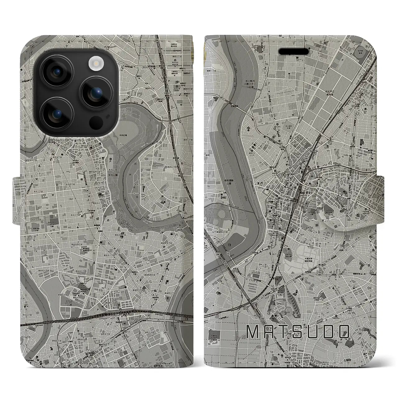 【松戸(千葉県)】地図柄iPhoneケース(手帳タイプ)モノトーン・iPhone 16 用