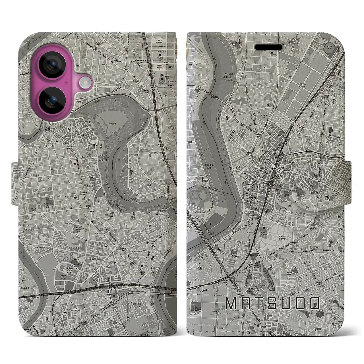 【松戸(千葉県)】地図柄iPhoneケース(手帳タイプ)モノトーン・iPhone 16 Pro 用