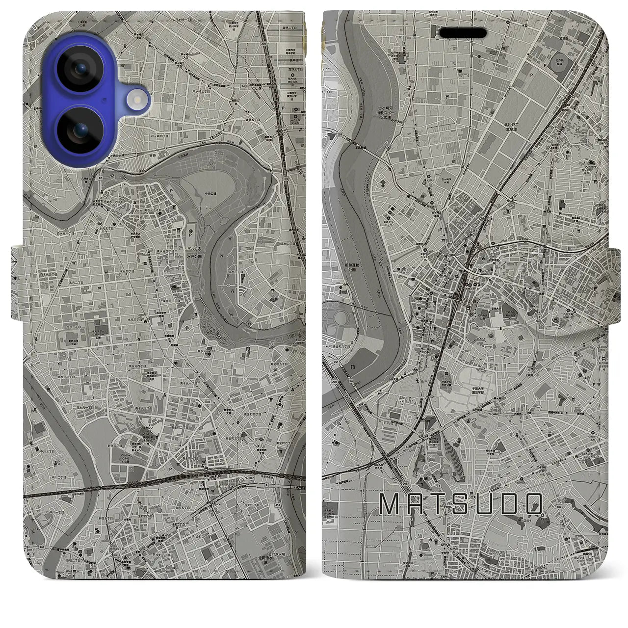 【松戸(千葉県)】地図柄iPhoneケース(手帳タイプ)モノトーン・iPhone 16 Pro Max 用