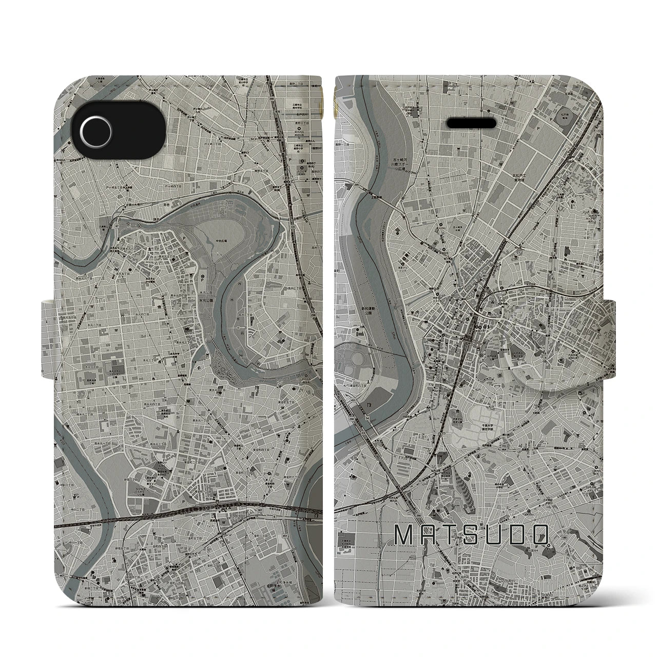 【松戸(千葉県)】地図柄iPhoneケース(手帳タイプ)モノトーン・iPhone SE(第3 / 第2世代) / 8 / 7 / 6s / 6 用