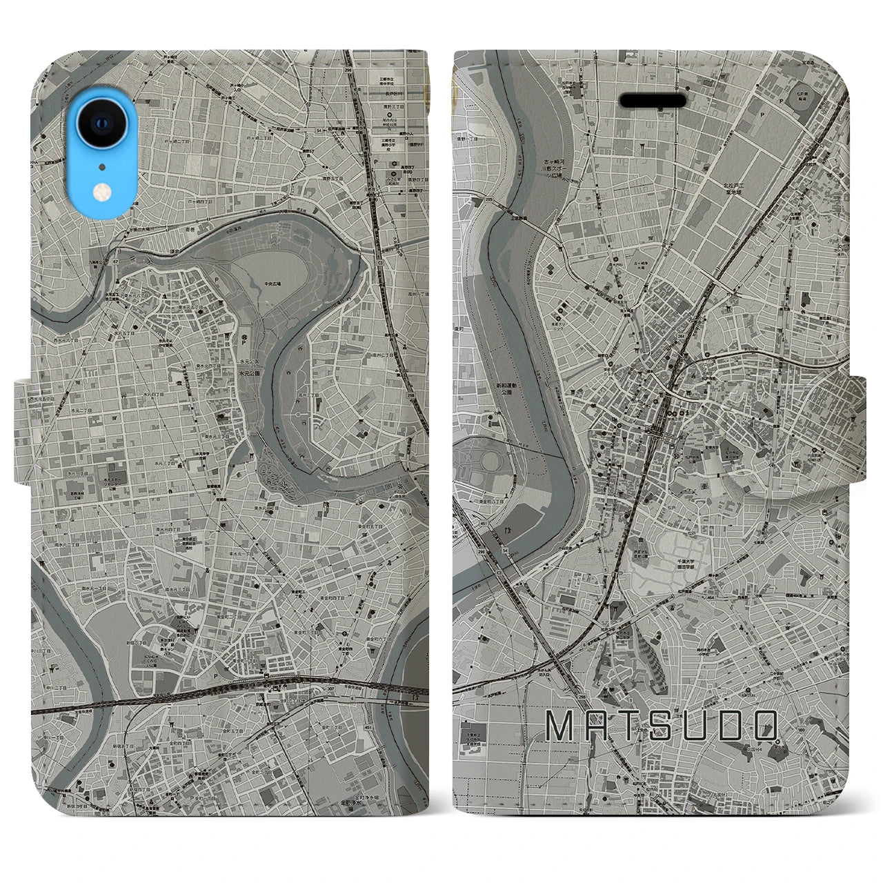 【松戸(千葉県)】地図柄iPhoneケース(手帳タイプ)モノトーン・iPhone XR 用