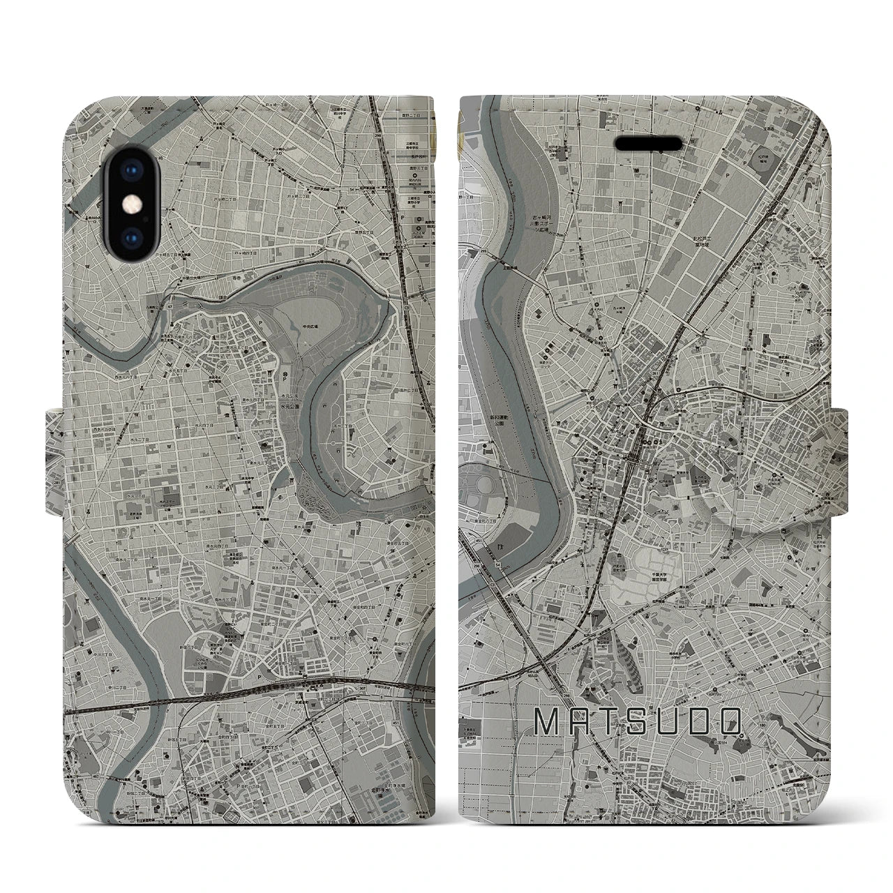 【松戸(千葉県)】地図柄iPhoneケース(手帳タイプ)モノトーン・iPhone XS / X 用