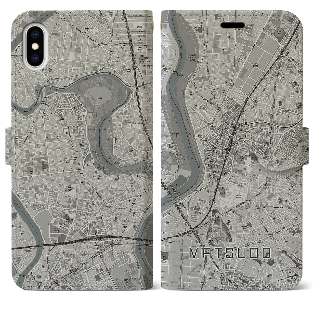 【松戸(千葉県)】地図柄iPhoneケース(手帳タイプ)モノトーン・iPhone XS Max 用