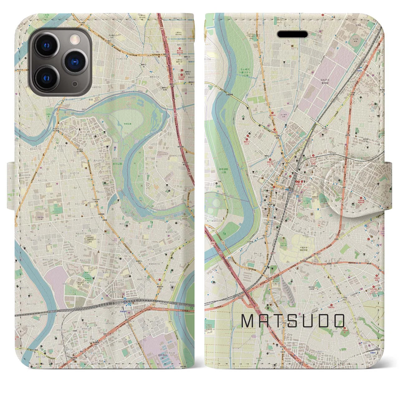 【松戸(千葉県)】地図柄iPhoneケース(手帳タイプ)ナチュラル・iPhone 11 Pro Max 用