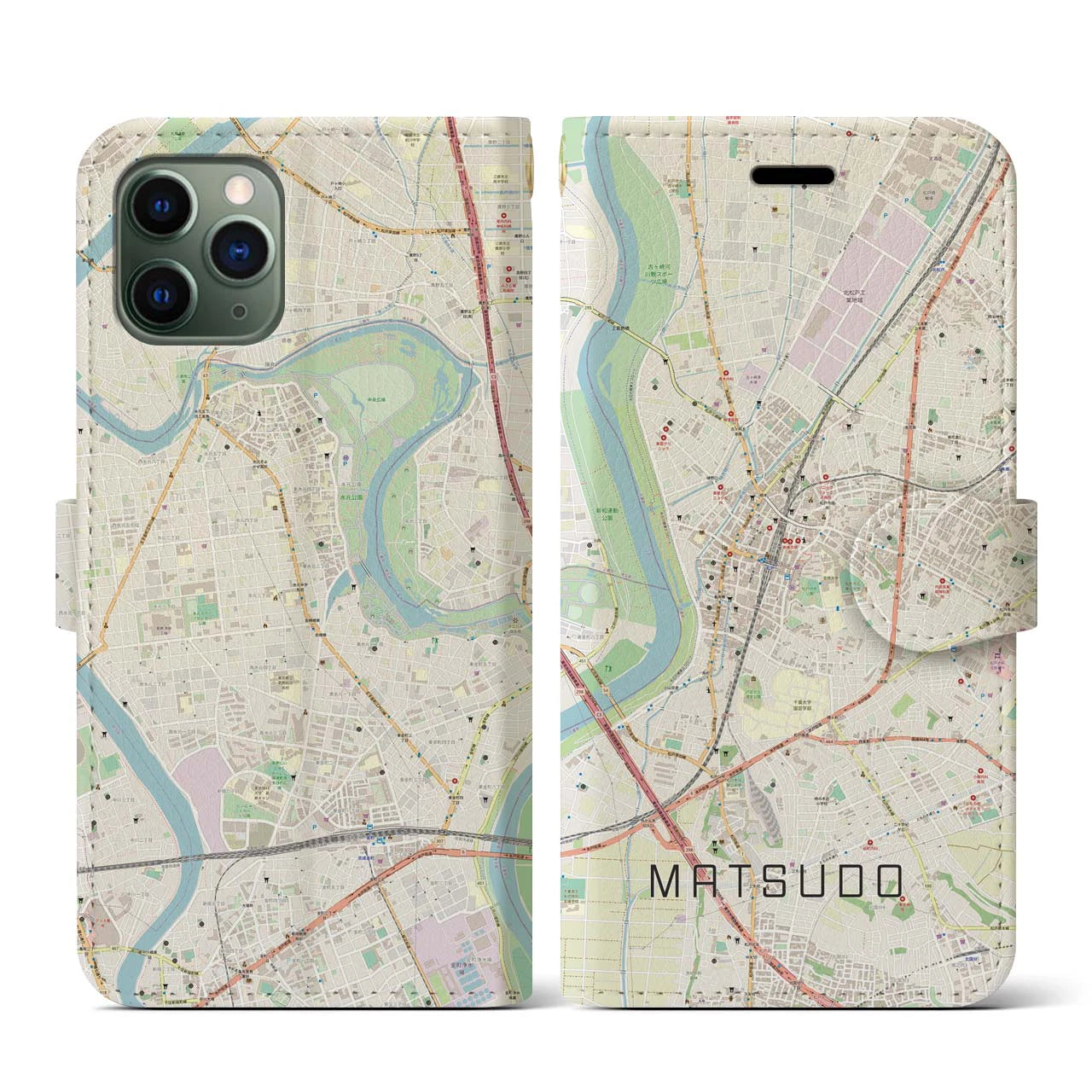 【松戸(千葉県)】地図柄iPhoneケース(手帳タイプ)ナチュラル・iPhone 11 Pro 用