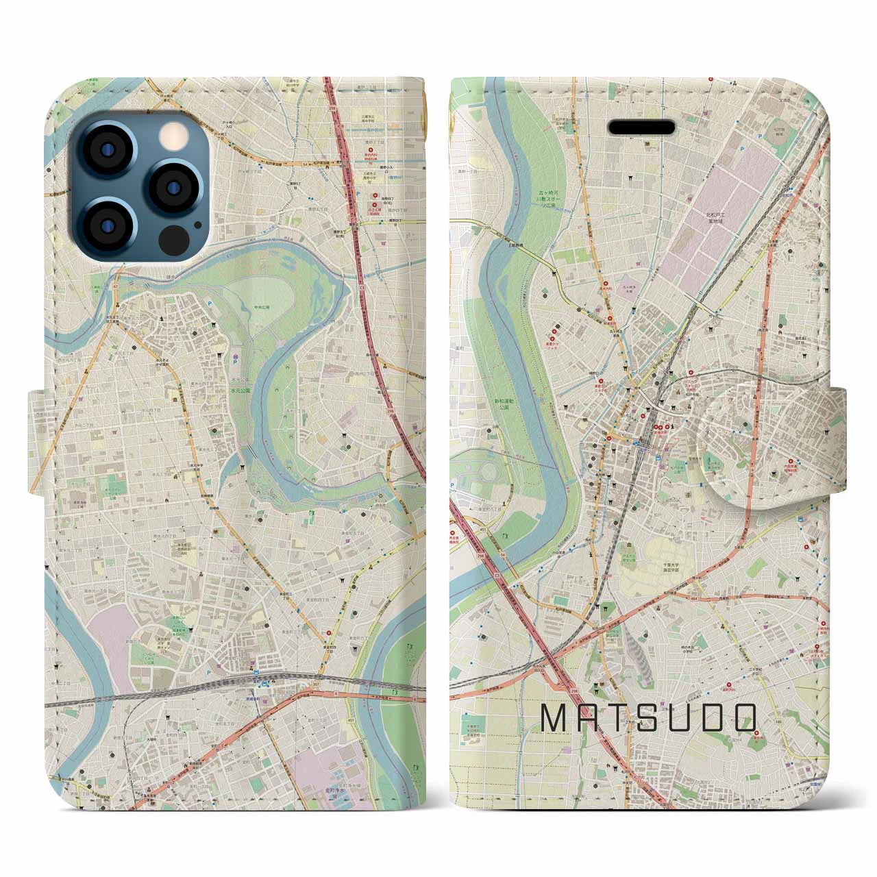 【松戸(千葉県)】地図柄iPhoneケース(手帳タイプ)ナチュラル・iPhone 12 / 12 Pro 用