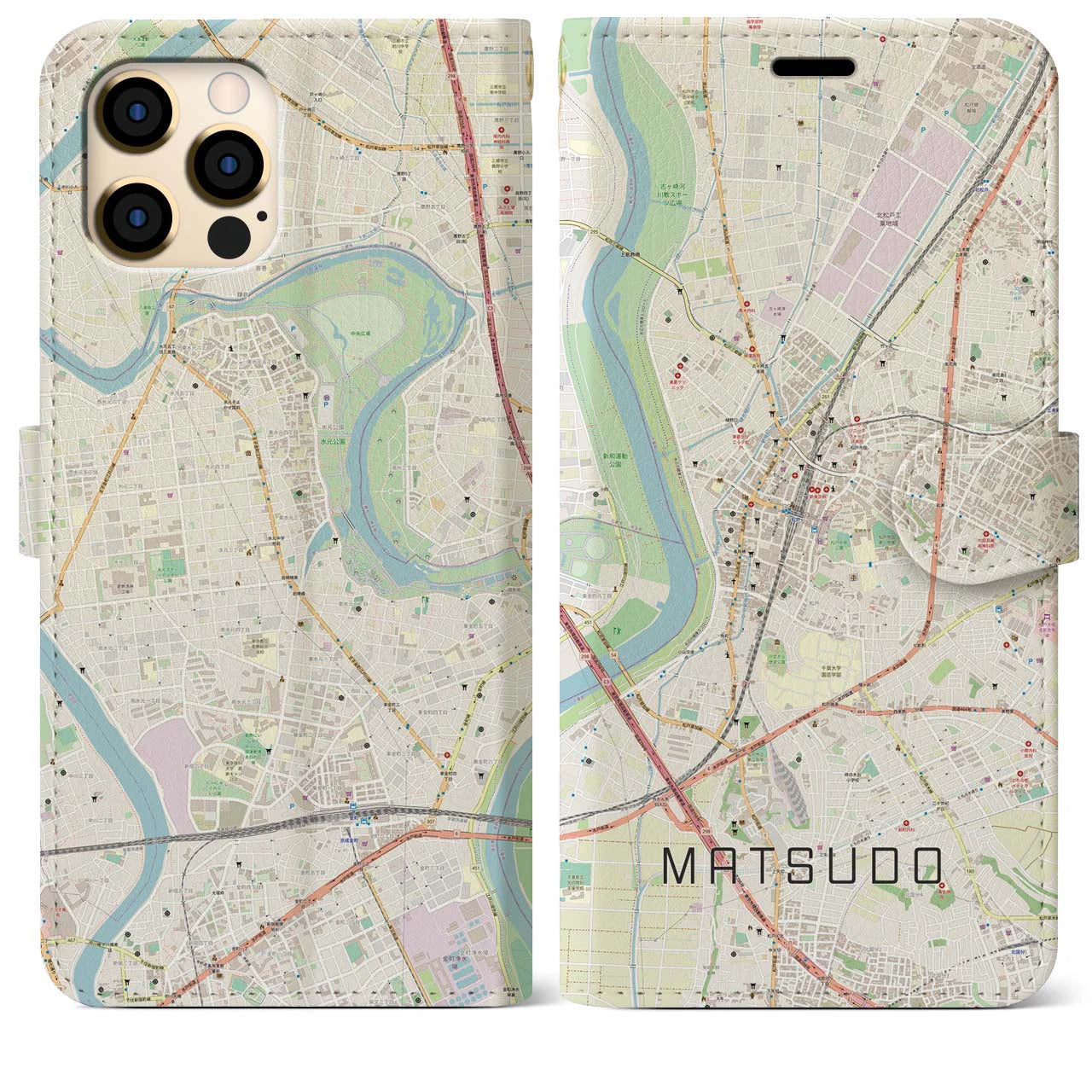 【松戸(千葉県)】地図柄iPhoneケース(手帳タイプ)ナチュラル・iPhone 12 Pro Max 用