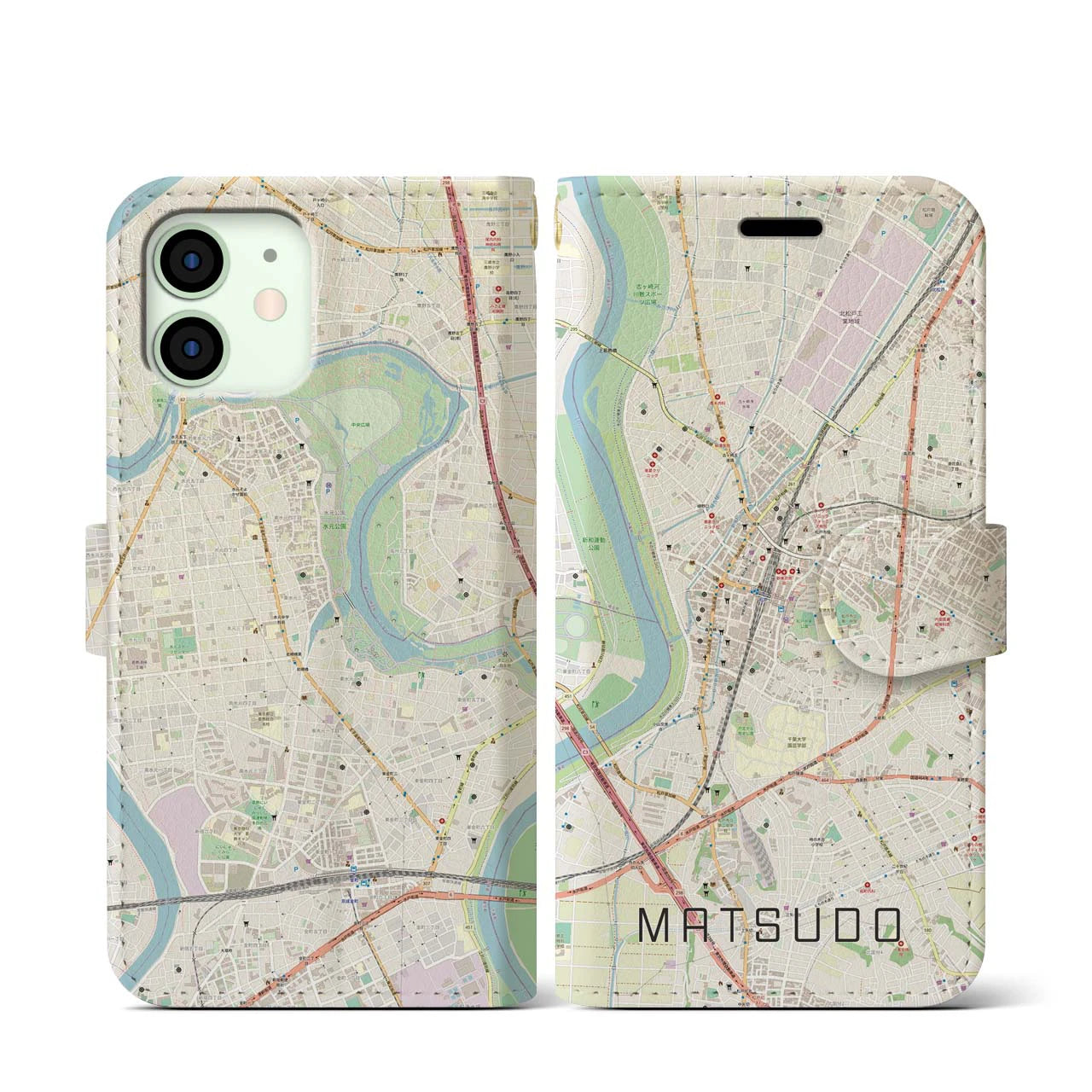 【松戸(千葉県)】地図柄iPhoneケース(手帳タイプ)ナチュラル・iPhone 12 mini 用