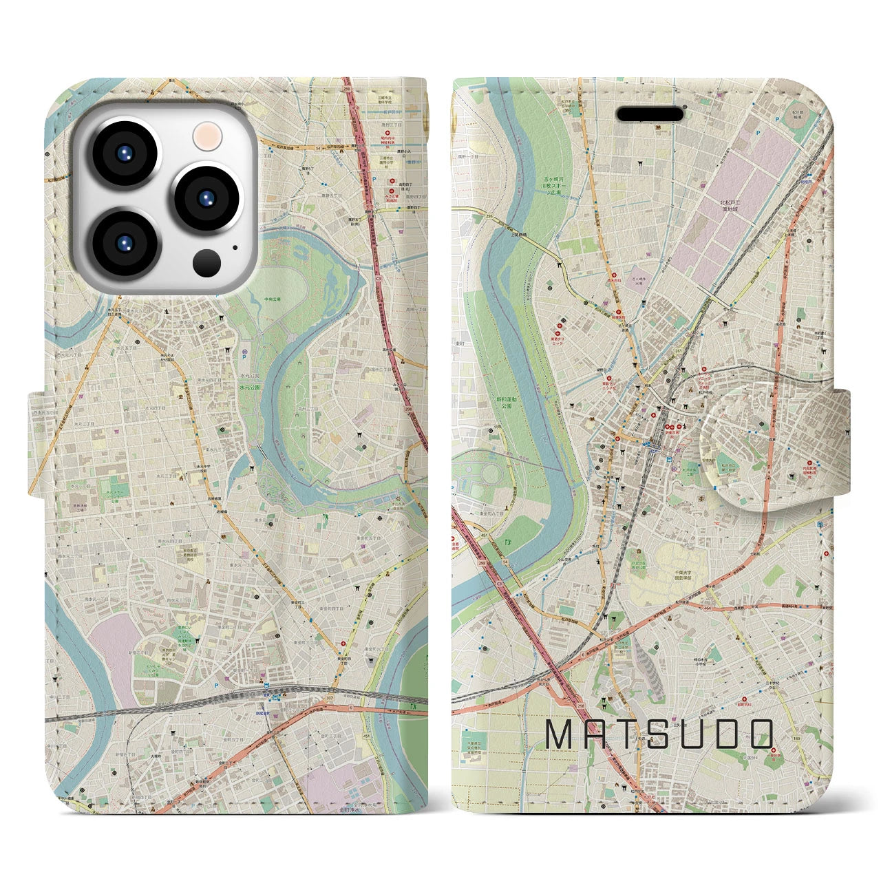 【松戸(千葉県)】地図柄iPhoneケース(手帳タイプ)ナチュラル・iPhone 13 Pro 用