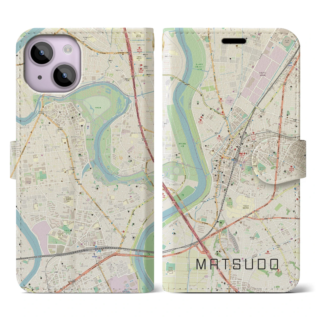 【松戸(千葉県)】地図柄iPhoneケース(手帳タイプ)ナチュラル・iPhone 14 用