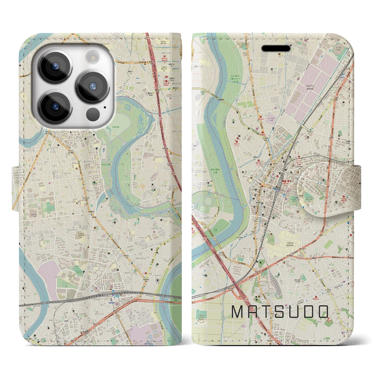 【松戸(千葉県)】地図柄iPhoneケース(手帳タイプ)ナチュラル・iPhone 14 Pro 用