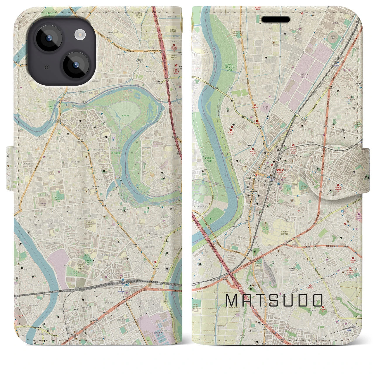 【松戸(千葉県)】地図柄iPhoneケース(手帳タイプ)ナチュラル・iPhone 14 Plus 用