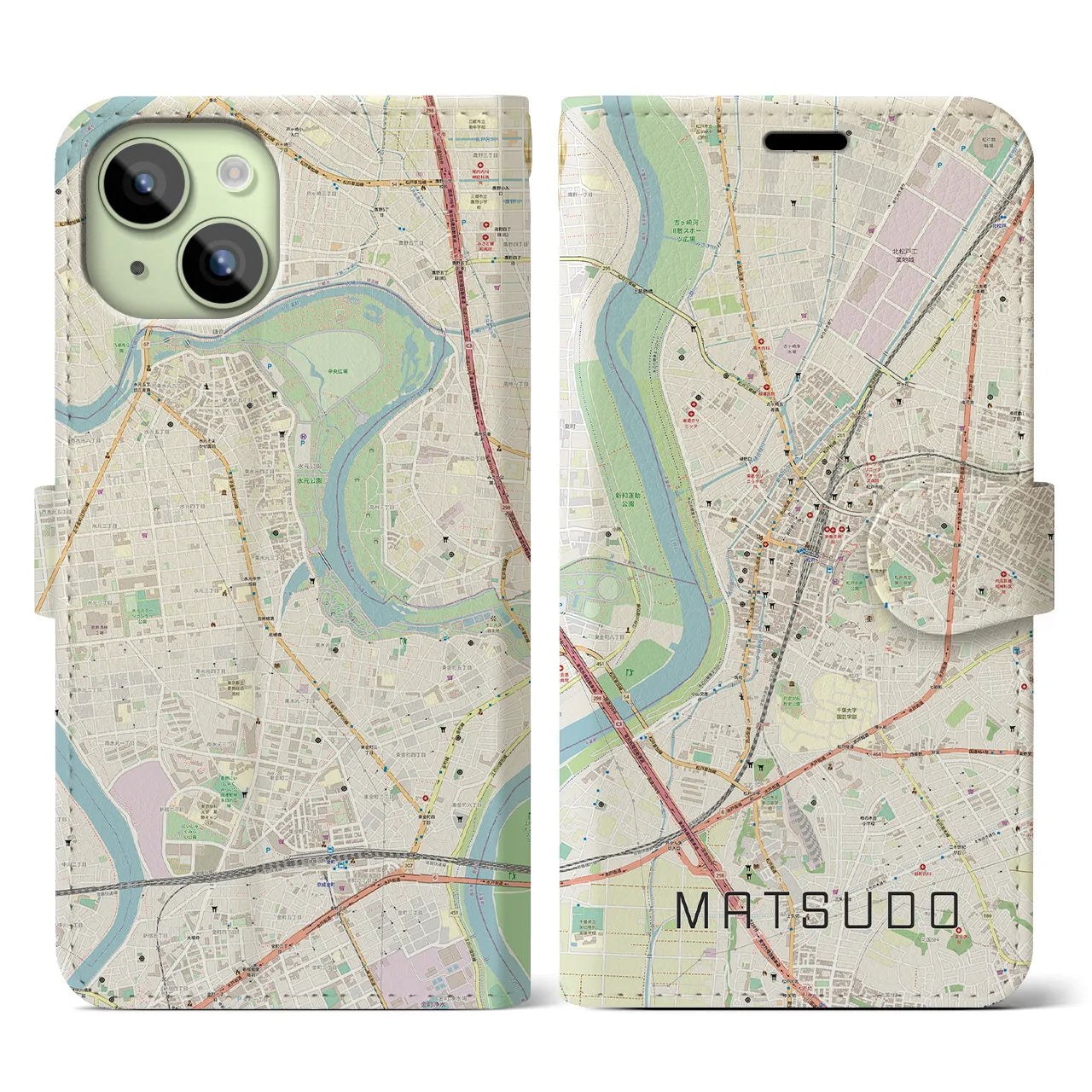 【松戸(千葉県)】地図柄iPhoneケース(手帳タイプ)ナチュラル・iPhone 15 用