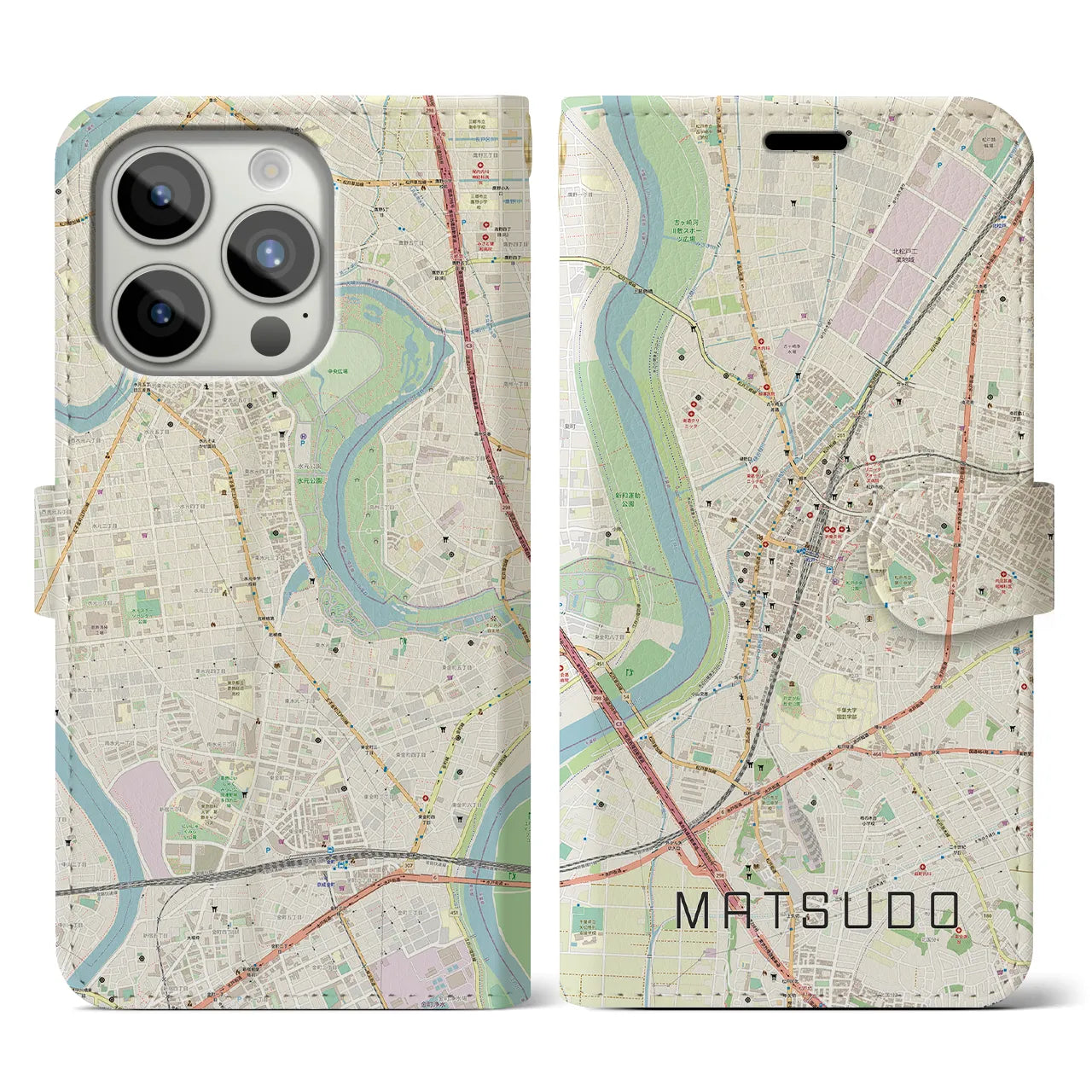 【松戸(千葉県)】地図柄iPhoneケース(手帳タイプ)ナチュラル・iPhone 15 Pro 用