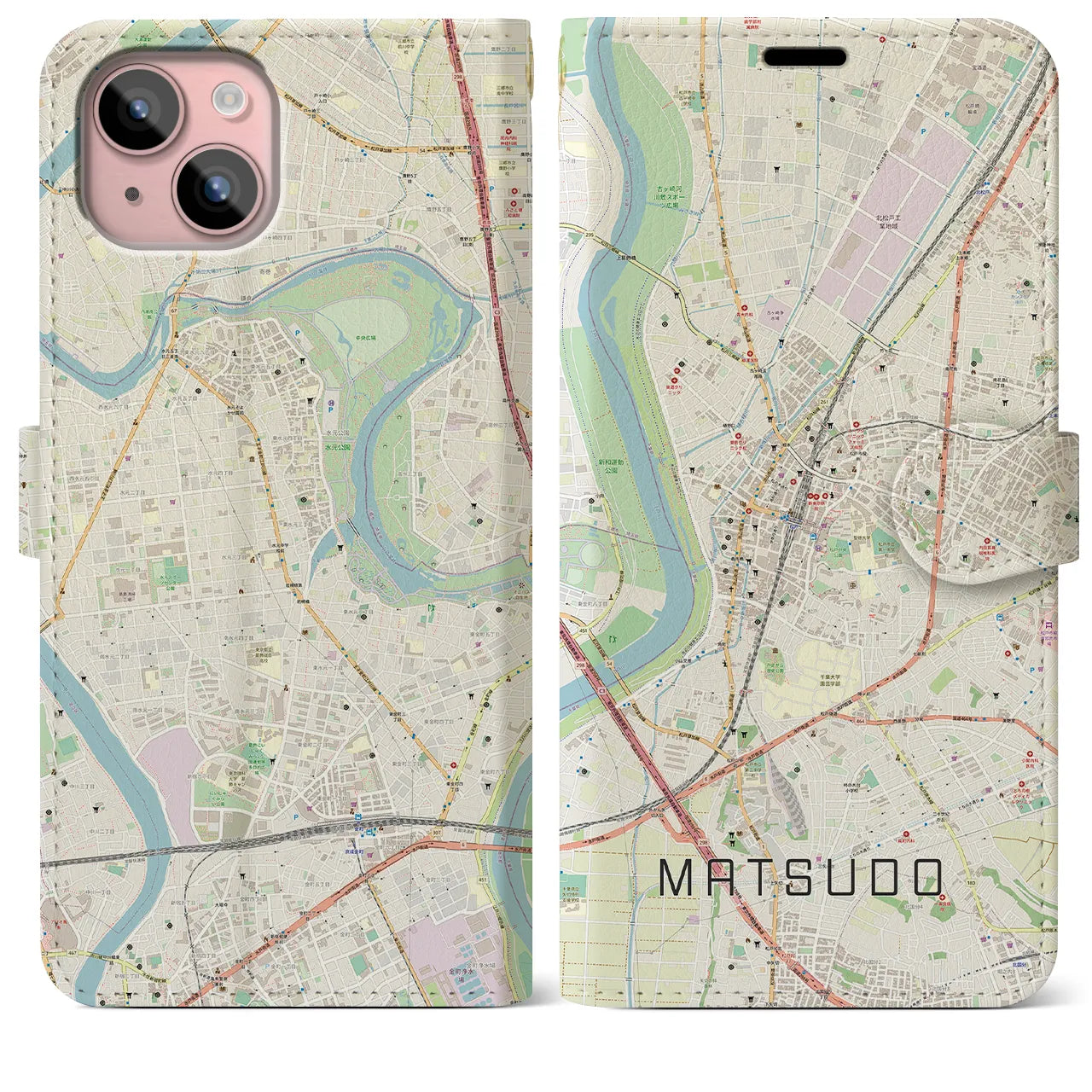 【松戸(千葉県)】地図柄iPhoneケース(手帳タイプ)ナチュラル・iPhone 15 Plus 用