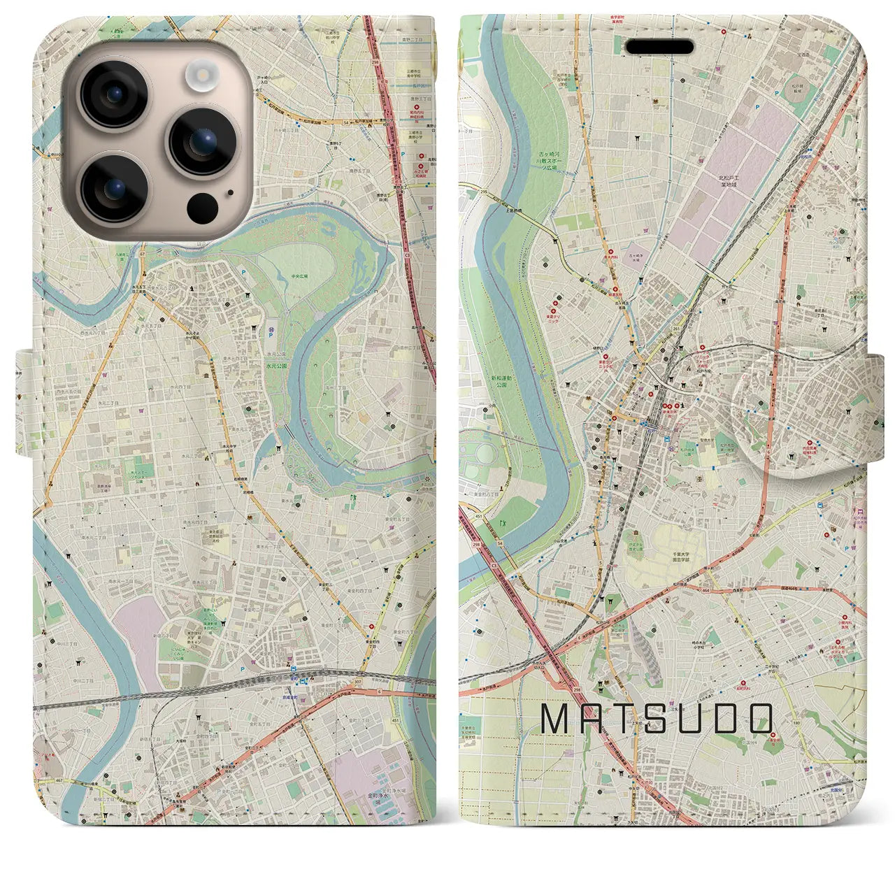 【松戸(千葉県)】地図柄iPhoneケース(手帳タイプ)ナチュラル・iPhone 16 Plus 用