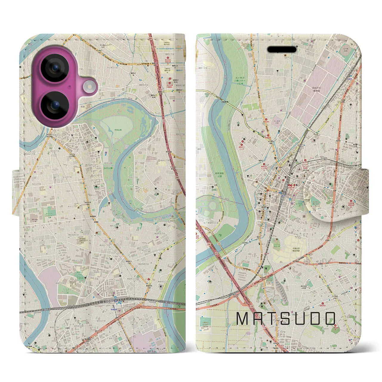 【松戸(千葉県)】地図柄iPhoneケース(手帳タイプ)ナチュラル・iPhone 16 Pro 用