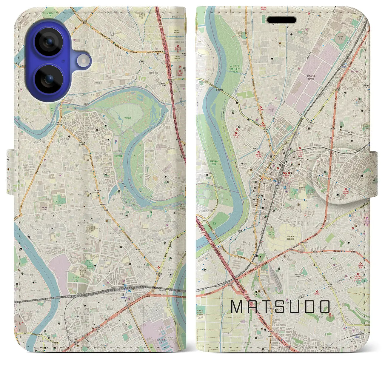【松戸(千葉県)】地図柄iPhoneケース(手帳タイプ)ナチュラル・iPhone 16 Pro Max 用