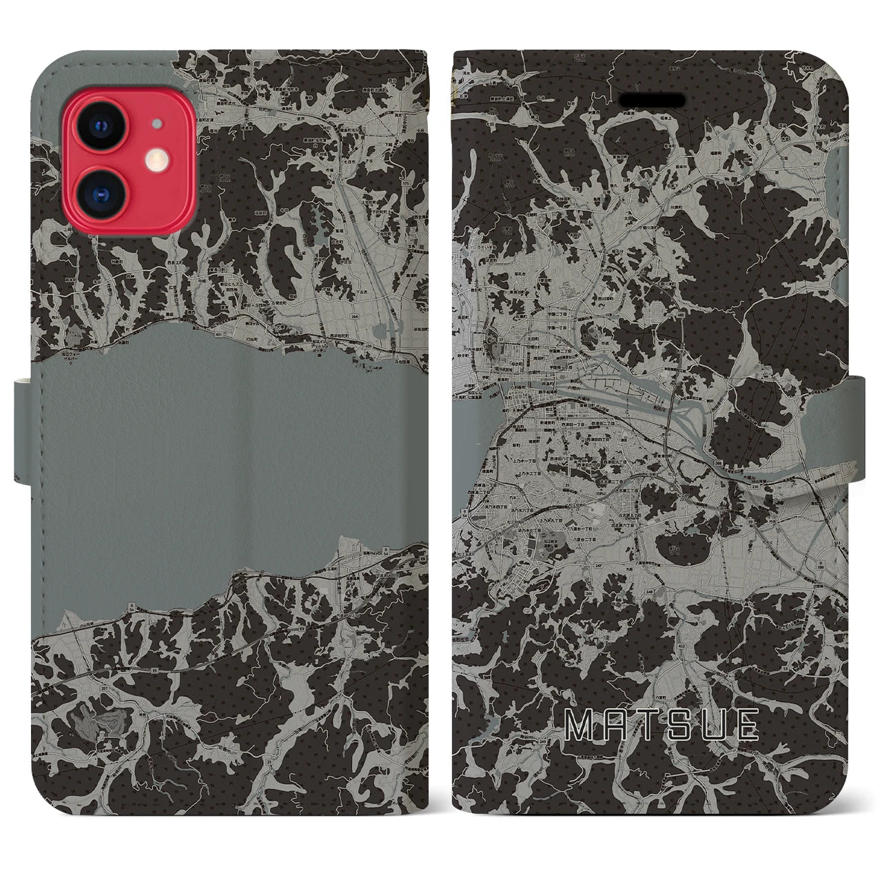 【松江(島根県)】地図柄iPhoneケース(手帳タイプ)モノトーン・iPhone 11 用