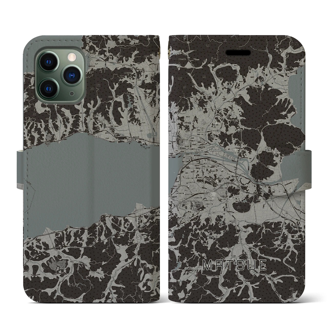【松江(島根県)】地図柄iPhoneケース(手帳タイプ)モノトーン・iPhone 11 Pro 用