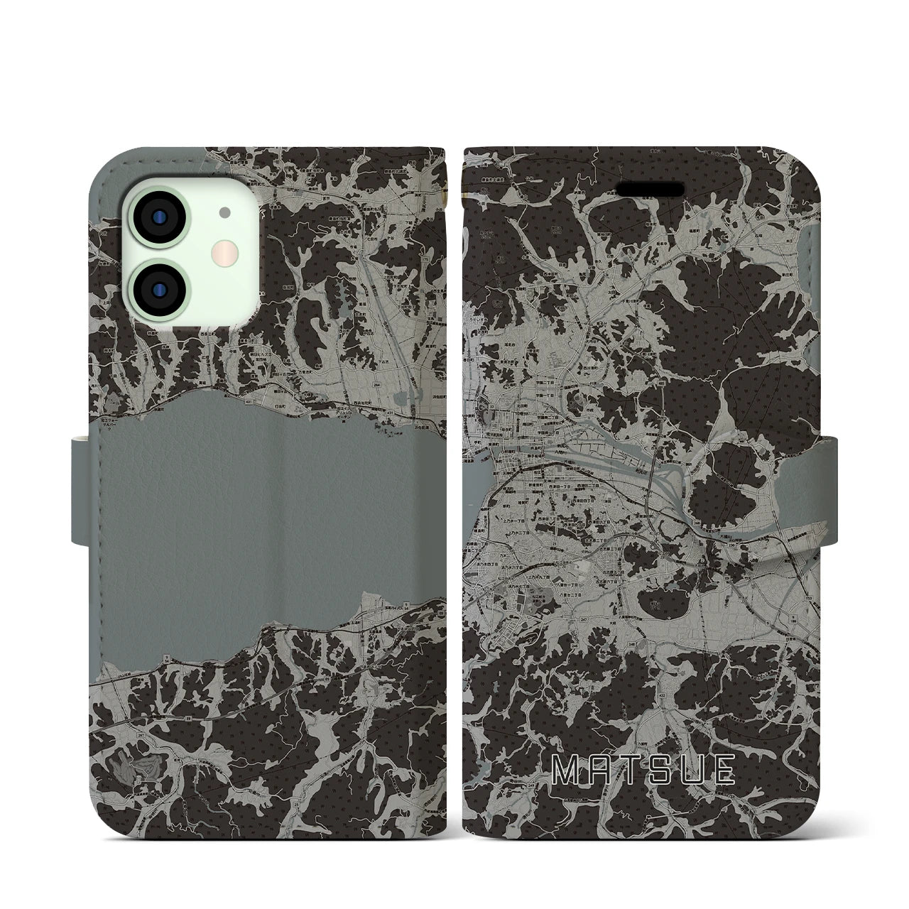 【松江(島根県)】地図柄iPhoneケース(手帳タイプ)モノトーン・iPhone 12 mini 用