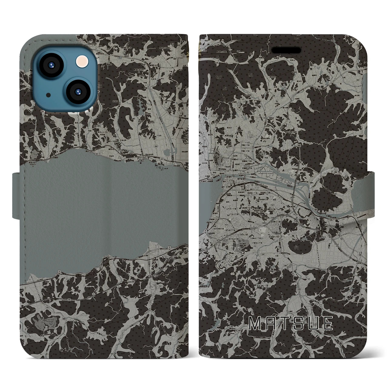 【松江(島根県)】地図柄iPhoneケース(手帳タイプ)モノトーン・iPhone 13 用