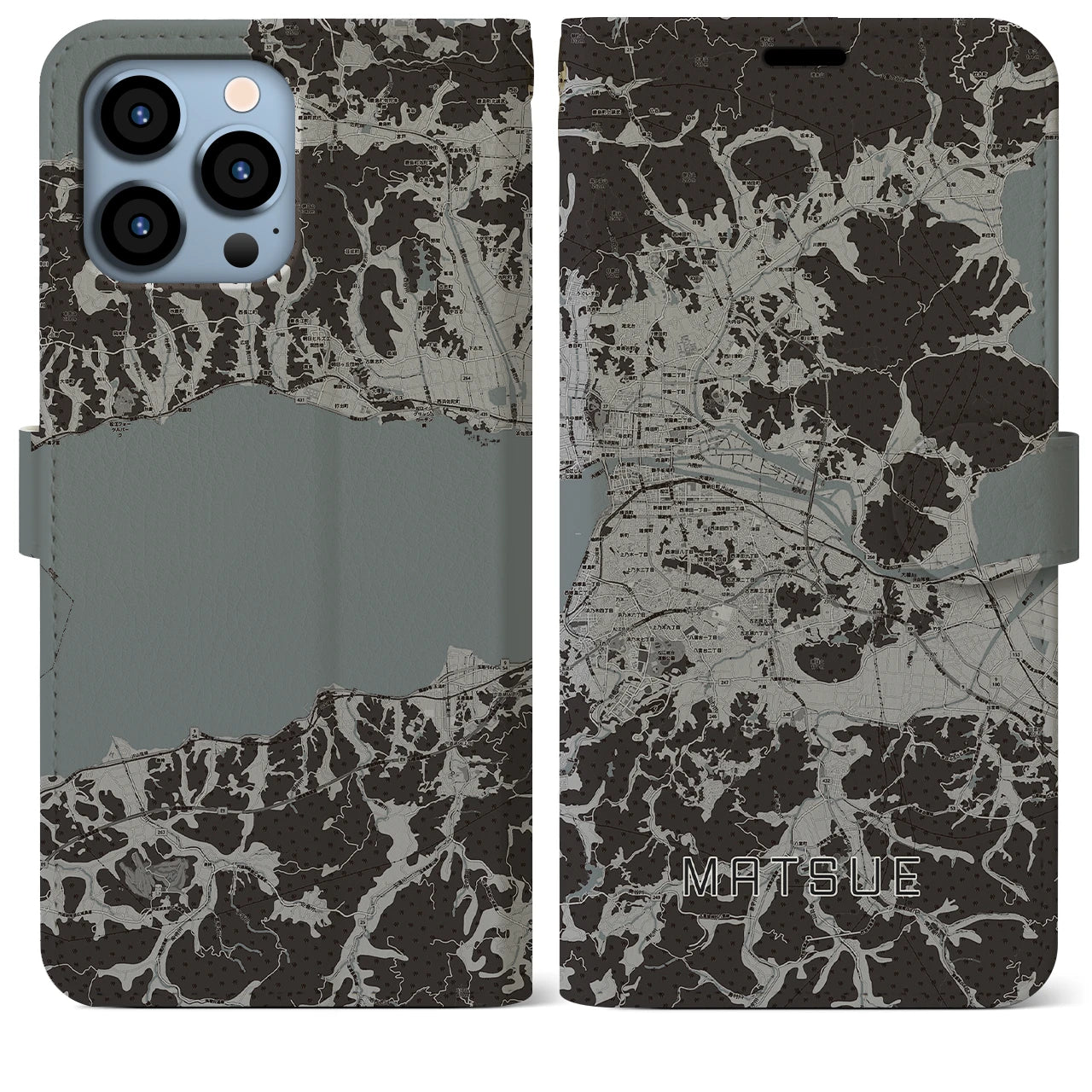 【松江(島根県)】地図柄iPhoneケース(手帳タイプ)モノトーン・iPhone 13 Pro Max 用